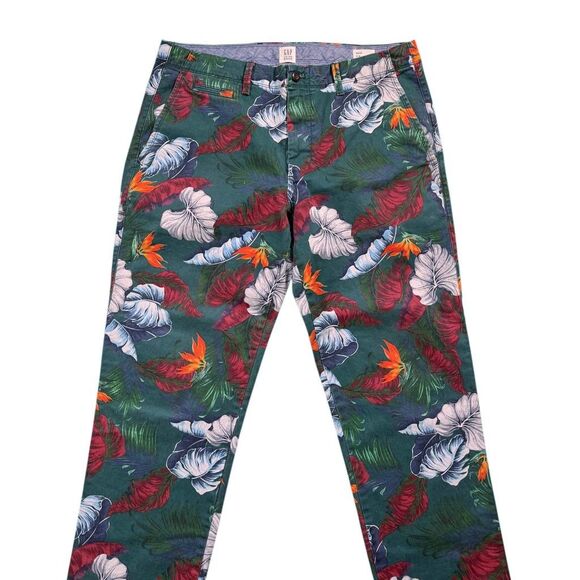 GAP Mens Chino Pants 34x34 Green Floral Slim Flat Front Casual Tropical Vacation - Picture 7 of 7